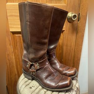 Men’s brown leather harness boots